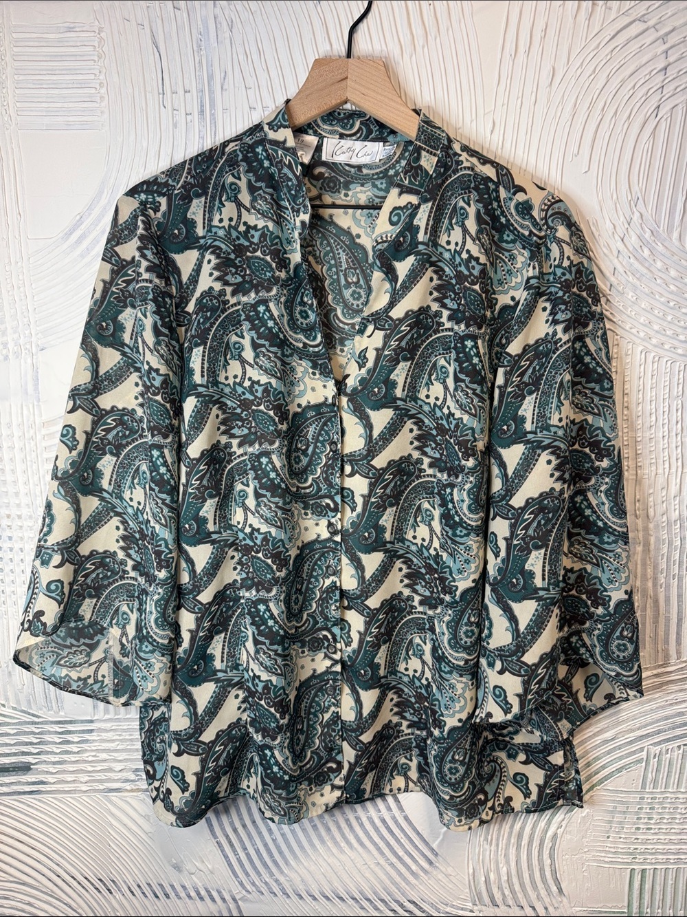 Cathy Che Paisley Button-Up Blouse in Teal & Cream 0597